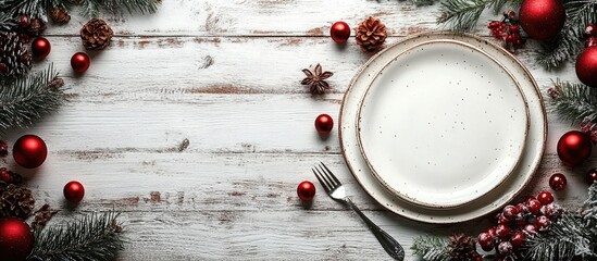 Festive table setting with an empty plate and silverware surrounded by Christmas decorations and greenery on a rustic wooden backdrop