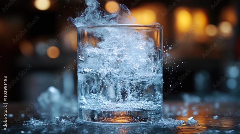 Aufkleber gas bubbles forming in clear glass filled with water and ice creating a dynamic evaporation effect i