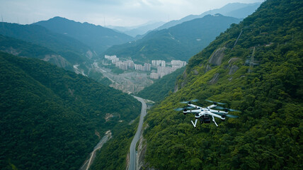 surveillance drone flies over lush, mountainous landscape, monitoring distant urban area nestled in valley. scene captures contrast between nature and urban development