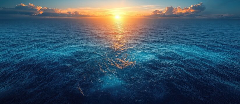 Aerial view of tranquil blue lake at sunset with sunlight reflecting on water surface creating a serene and picturesque landscape scene