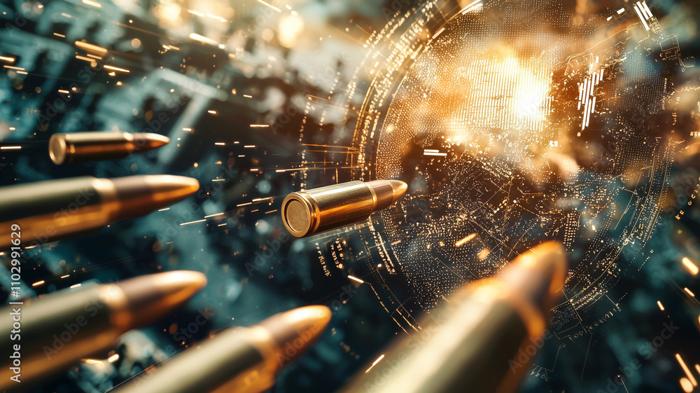 Poster Aerial view of battlefield with bullets and digital interface, showcasing dynamic and intense scene with glowing elements and motion blur effects