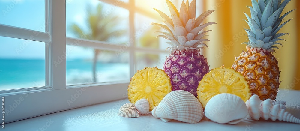 Poster vibrant flat lay of colorful pineapples and shells by a window with scenic beach view and warm sunli