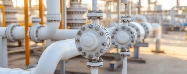 Fototapeta premium Oil refinery concept. A closeup of industrial pipelines and valves transporting crude oil and refined products within a refinery
