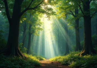 Obraz premium Sunlight streaming through trees in a tranquil forest setting during midday
