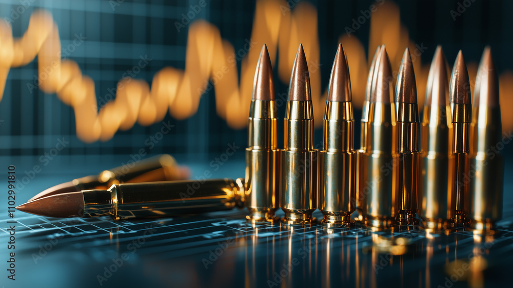 Aufkleber bullets are lined up in front of fluctuating stock market graph, symbolizing volatility and risk in 