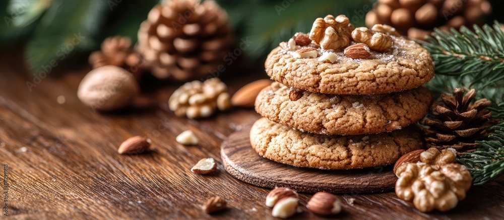 Poster festive cookies adorned with nuts on a rustic wooden table surrounded by pinecones and greenery for 