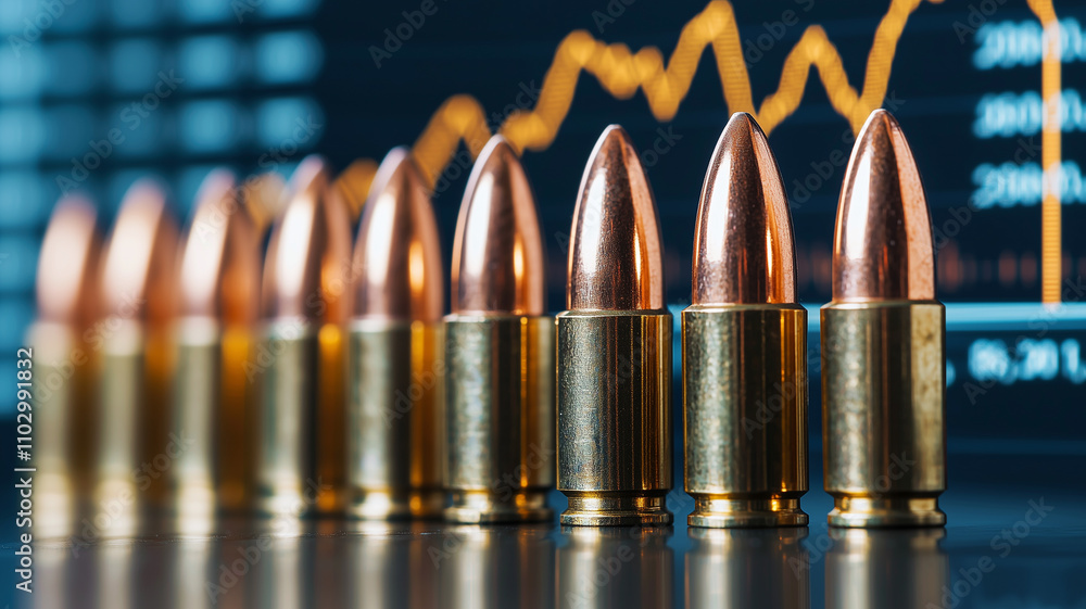 Poster Bullets are lined up in front of stock market graph, symbolizing intersection of finance and conflict. image conveys sense of tension and volatility