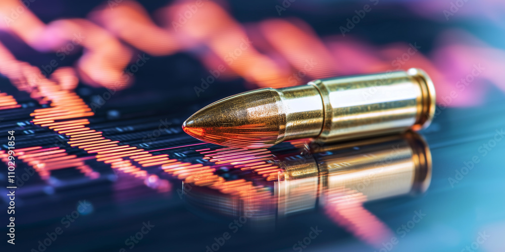 Poster bullet lies on reflective surface with stock market graph, symbolizing volatility and risk in financ