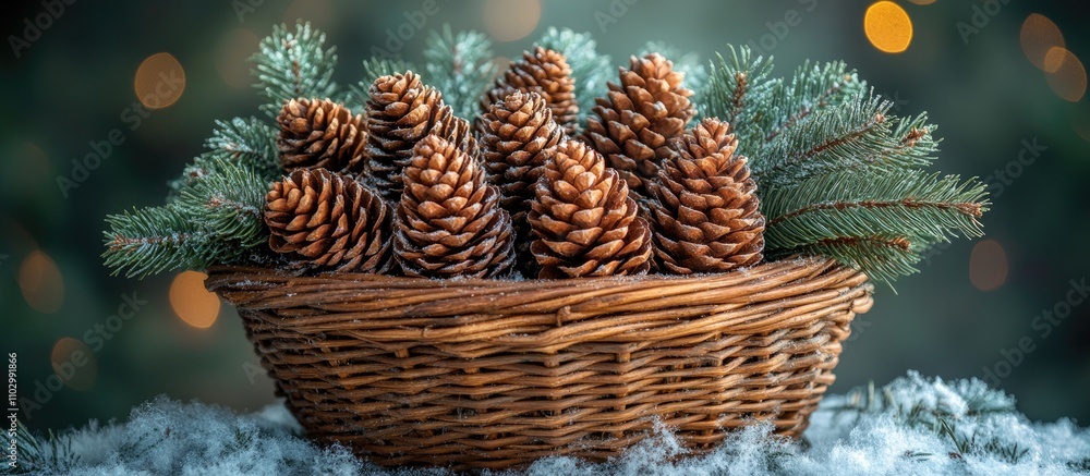 Aufkleber christmas wicker basket with pinecones evergreen branches and firewood against a soft bokeh backgrou
