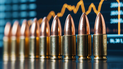 Bullets are lined up in front of stock market graph, symbolizing intersection of finance and conflict. image conveys sense of tension and volatility