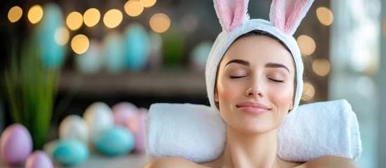 Fotobehang Female massage therapist with bunny ears relaxing amidst Easter decorations and pastel-colored eggs in a cozy spa setting. © VRVisionary