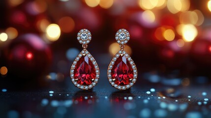 Fototapeta premium Red gemstone earrings with sparkling details showcased on a bright backdrop highlighting craftsmanship and elegance for commercial presentation