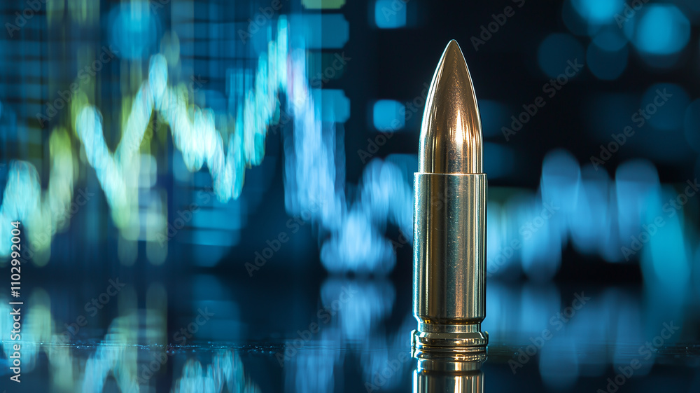 Poster bullet stands upright with stock market graph reflected in background, symbolizing intersection of f