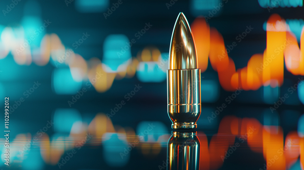 Poster close up of bullet with reflection of stock market graph in background, symbolizing financial volati