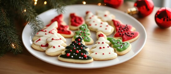 Christmas themed decorative cookies on a festive plate surrounded by holiday decorations and lights