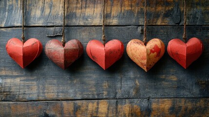 February calendar decorations with red paper hearts hanging on wooden background celebrating Valentine's Day romance and affection