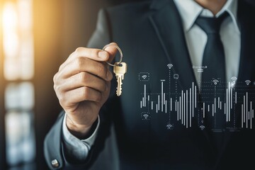 Businessman in a suit grasping keys, surrounded by statistical graphs and icons.