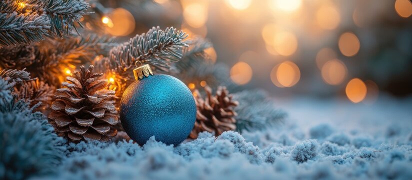 Christmas tree with blue decorative ball and pine cones in snow at sunset creating a warm festive atmosphere with soft glowing lights