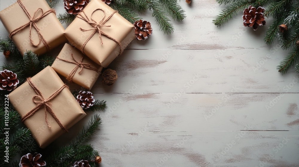 Aufkleber christmas gift boxes and pine cones arranged on a white wooden table creating a festive background w