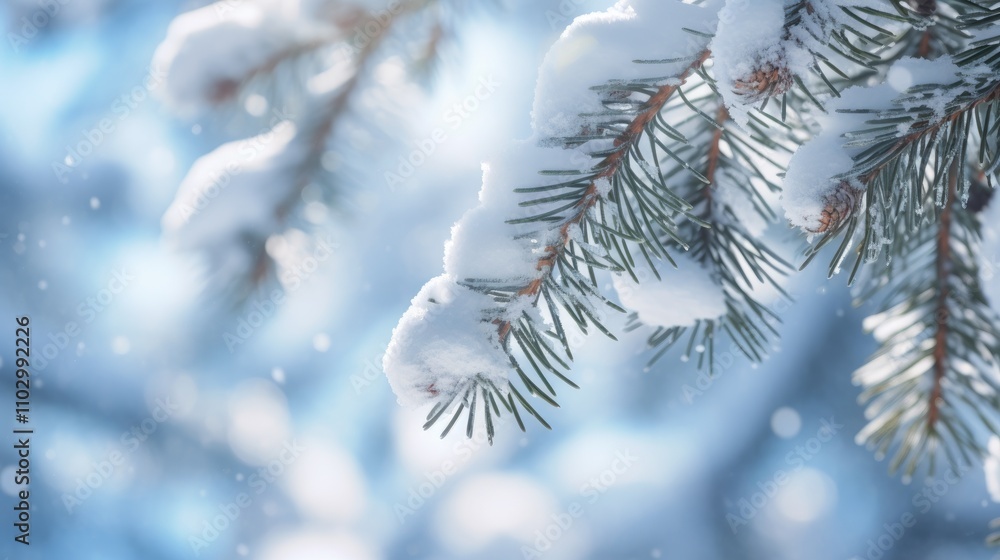 Poster fir tree branch elegantly adorned with fresh snow creating a serene winter atmosphere with a soft bl