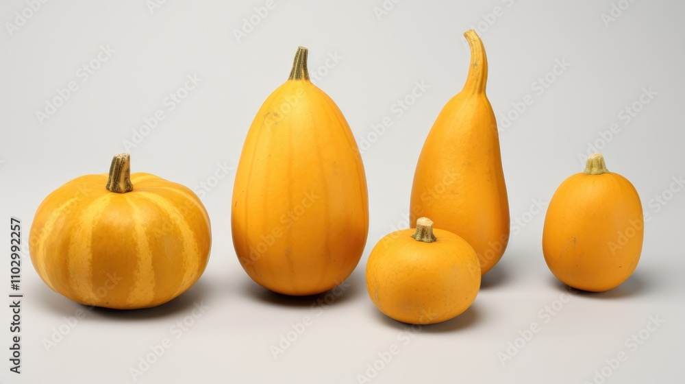 Poster assorted butternut squash varieties arranged on a neutral background showcasing their unique shapes 
