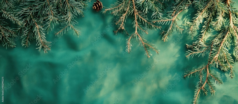 Aufkleber fir branches and pine cone on a green backdrop creating a festive flat lay with space for seasonal t