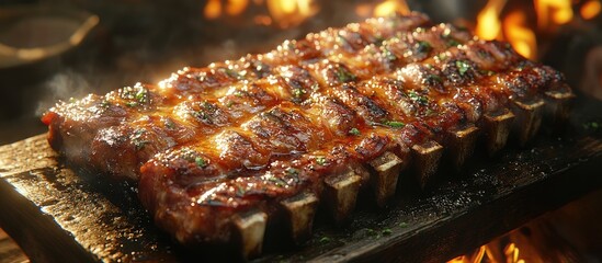 Succulent fire-grilled ribs served on a wooden board with herbs and spices against a smoky barbecue backdrop