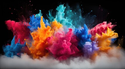 Vibrant color powder explosion creating dynamic visual effects in a dark controlled setting