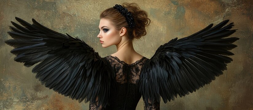 Stunning woman in black wings posing gracefully against an artistic backdrop showcasing elegance and fantasy in fine art photography