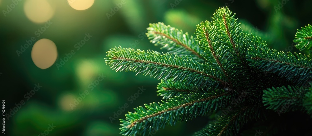 Poster close up of lush green fir tree branch with needles illuminated by soft sunlight creating a serene a