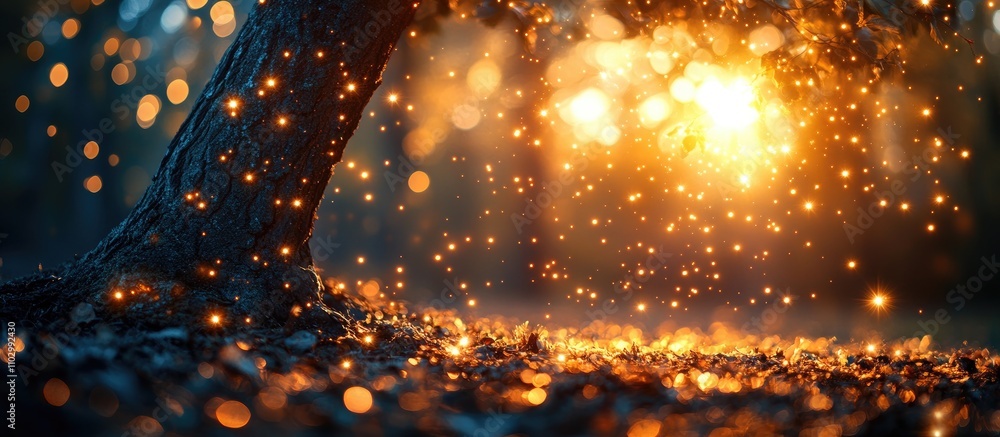 Poster enchanting bokeh of luminous stars glowing through a tree, creating a magical atmosphere in a serene