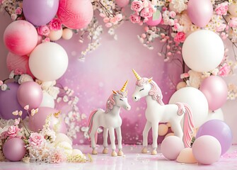 Pastel Balloon Arch with Unicorns for Kids' Birthday Backdrop