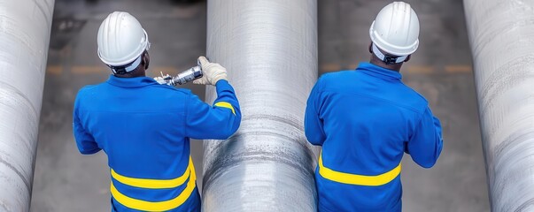 Oil refinery concept. Refinery workers performing safety procedures while inspecting pipelines in a highly secure area