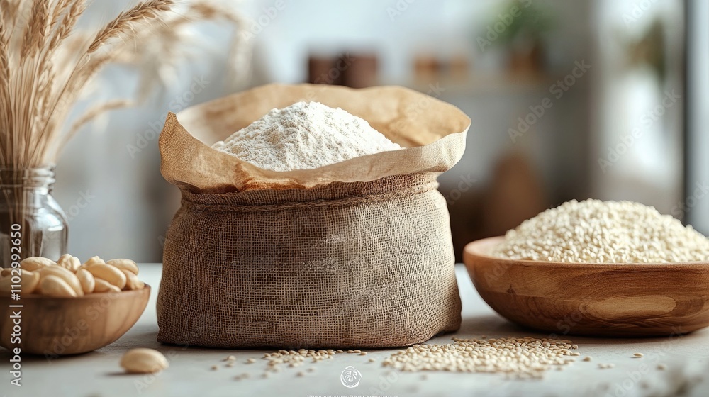 Poster flour in a burlap sack with wheat spikelets and bowls of grains on a rustic table setting ideal for 
