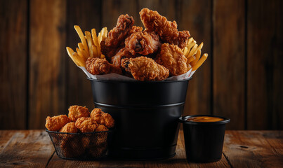 A black bucket filled with various chicken wings