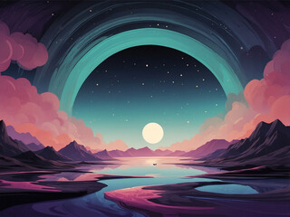 A surreal, colorful landscape with a large, bright moon over calm water, surrounded by stars, mountains, and fluffy pink clouds