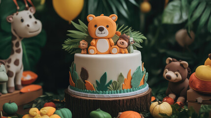 A cake with a bear on top and other animals around it