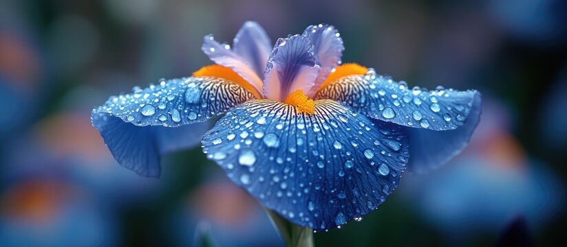 Close up of vibrant blue bearded iris flower adorned with raindrops in a lush green garden setting showcasing nature's beauty.