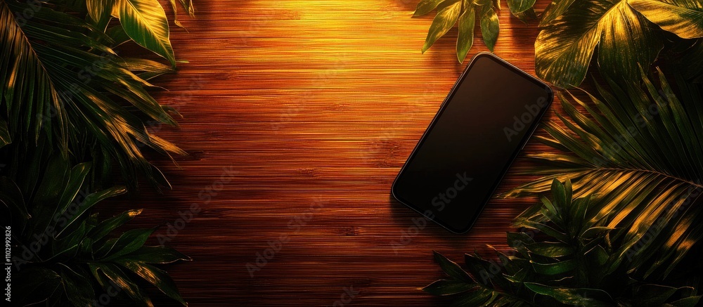 Poster elegant mobile phone flatlay on bamboo table surrounded by foliage ideal for aesthetics and e-commer