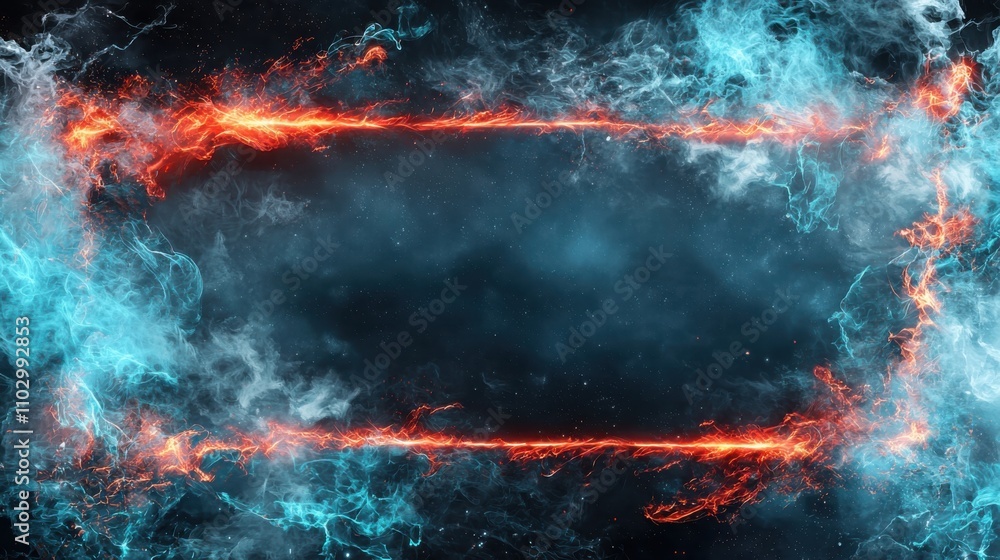 Poster dynamic action of chrome metallic border with red plasma discharge and cyan effects in a futuristic 