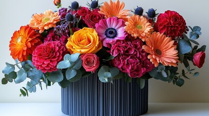 Fototapeta premium Vibrant floral arrangement in a hat box showcasing diverse flowers with ample copy space on a light background ideal for advertising use