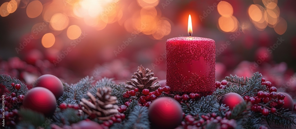 Poster festive advent scene with red candle and baubles surrounded by pine cones and greenery creating a wa
