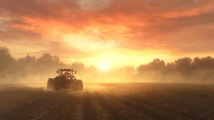 Fototapeta premium Tractor plowing fields at dawn, mist rising from the soil, golden sunlight breaking through the early morning fog, deep furrows visible in the foreground, ultra-realistic textures,