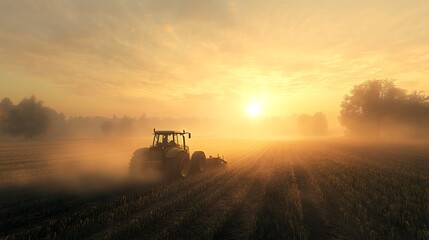 Fototapeta premium Tractor plowing fields at dawn, mist rising from the soil, golden sunlight breaking through the early morning fog, deep furrows visible in the foreground, ultra-realistic textures,
