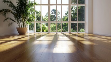 Obraz premium Creating a serene living space with warm wood and tropical plants interior clean aesthetic bright environment shadow play concept