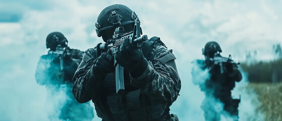 Naklejka premium Special forces soldiers advancing through smoke with weapons drawn, showcasing intense focus and tactical precision in high stakes operation