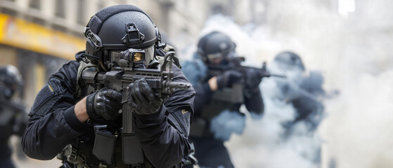 Special forces soldiers in tactical gear advance through smoke during intense urban operation, showcasing teamwork and precision
