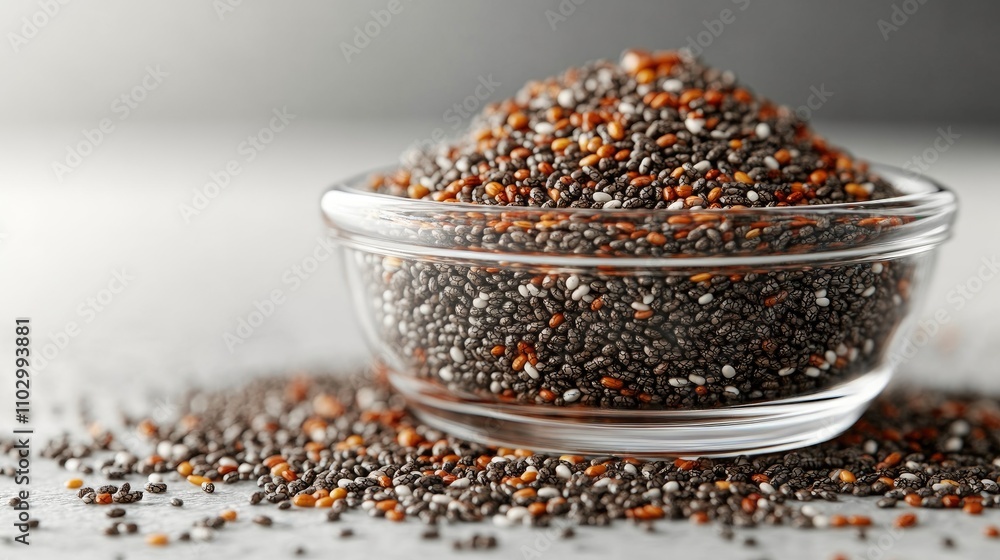Poster chia seeds in a glass container with scattered seeds on a white surface creating a visually appealin