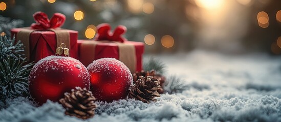 Festive holiday scene featuring red ornaments and wrapped gifts on a snowy ground with a warm vintage backdrop and glowing lights.