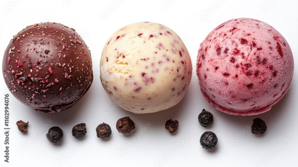 Poster assortment of colorful ice cream scoops displayed on a white background with berries for decoration 